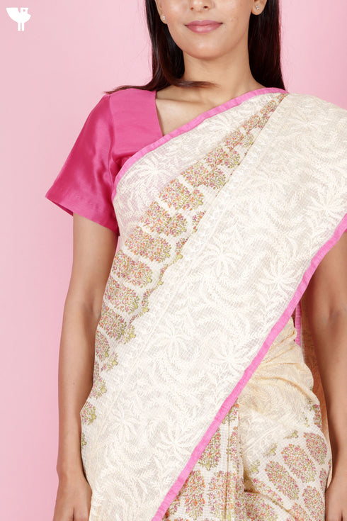 Kota Doria Saree In Block Print with Chikankari Embroidery
