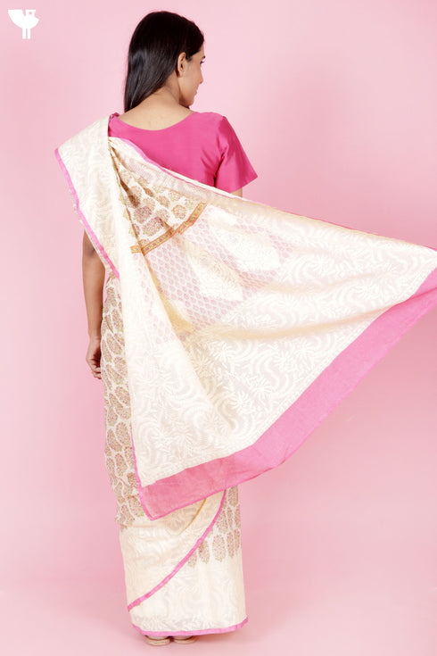 Kota Doria Saree In Block Print with Chikankari Embroidery