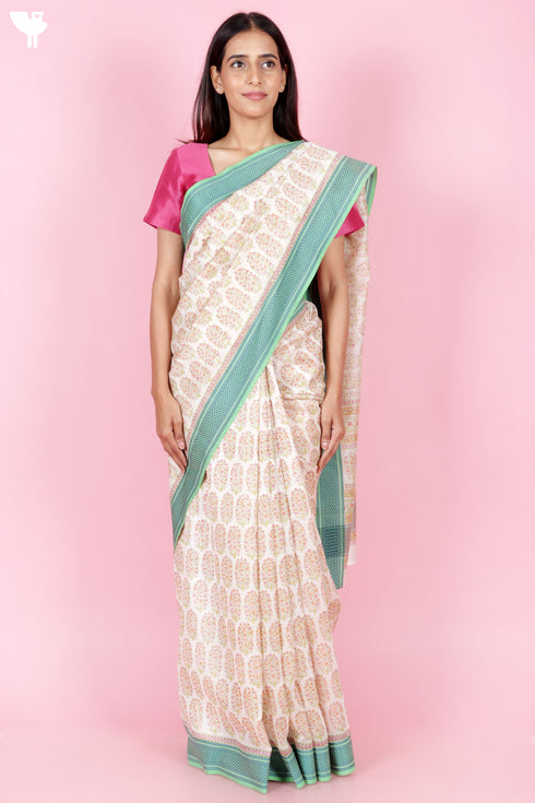 Maheshwari Saree In Floral Block Print