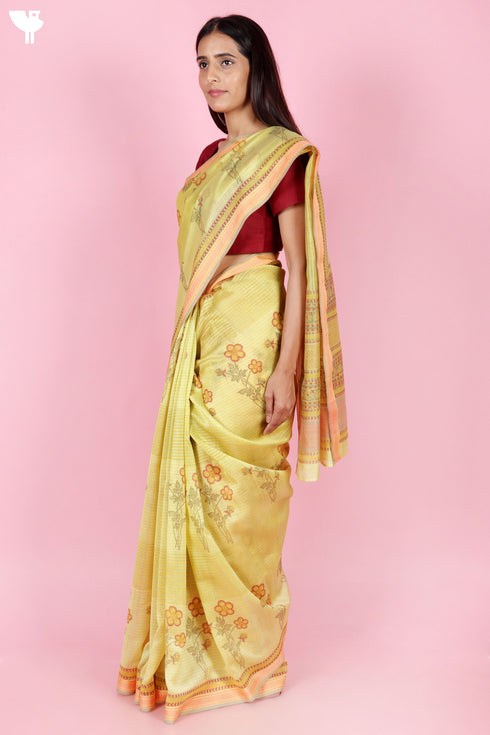 Maheshwari Saree In Floral Block Print