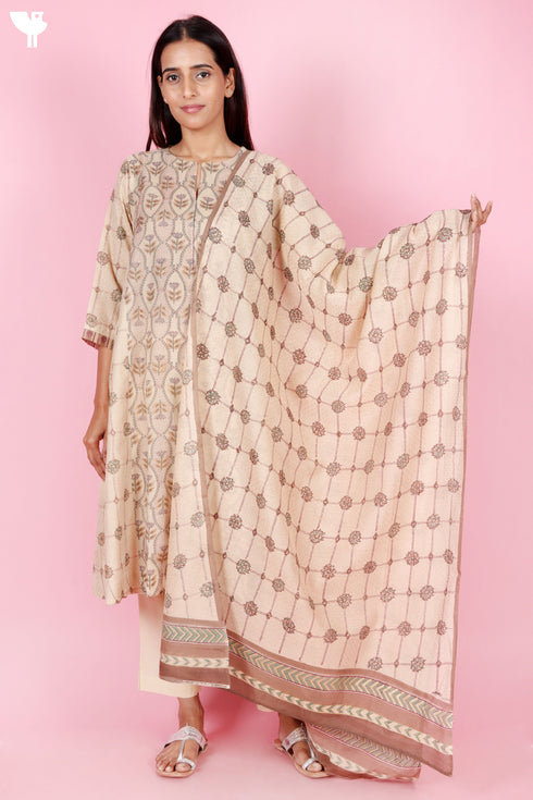 Chanderi Silk Dupatta In Floral Block Print