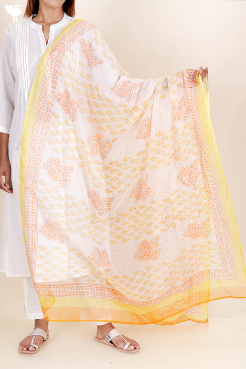 Kota Doria Dupatta In Floral Block Print
