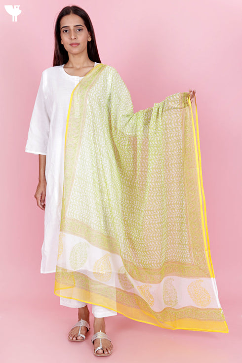 Kota Doria Dupatta In Floral Block Print