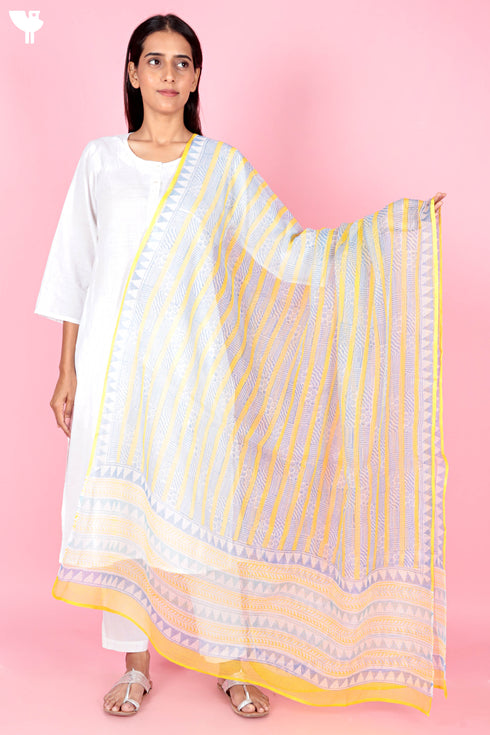 Kota Doria Dupatta With Floral Block Print