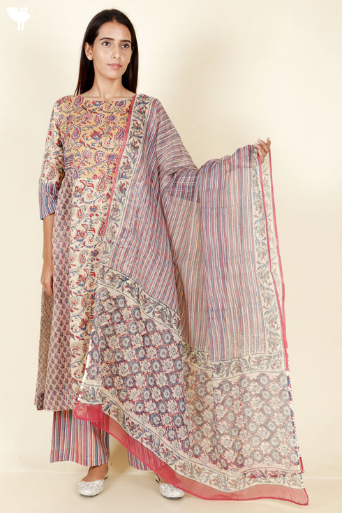 Kota Doria Dupatta With Floral Block Print