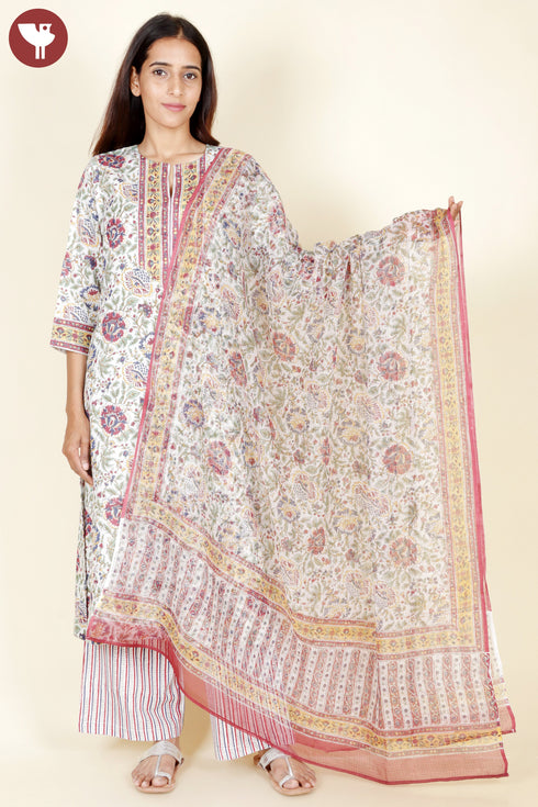 Kota Doria Ivory Dupatta In Floral Block Print