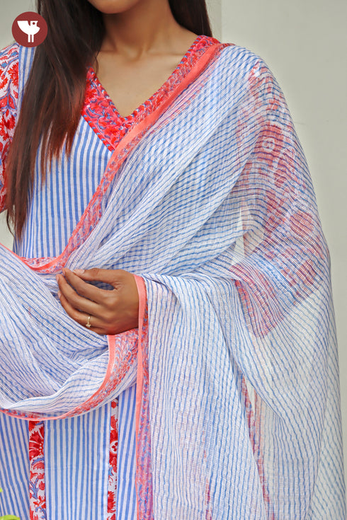 Kota Doria Dupatta With Floral Block Print