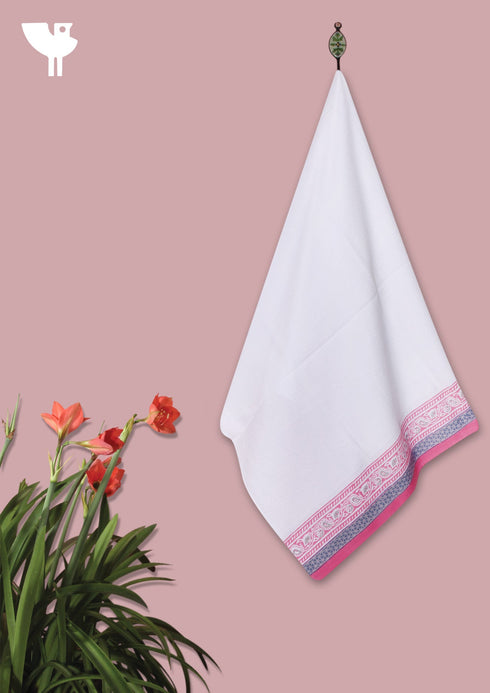 Handloom Cotton Bath Towel With Block Print Border