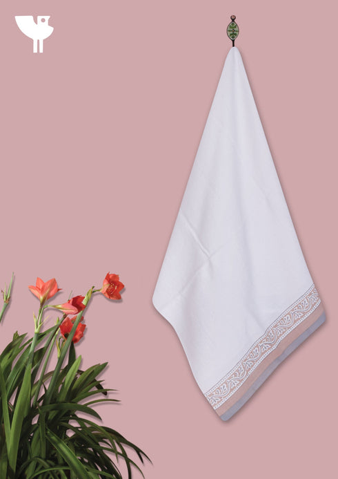 Handloom Cotton Bath Towel With Block Print Border