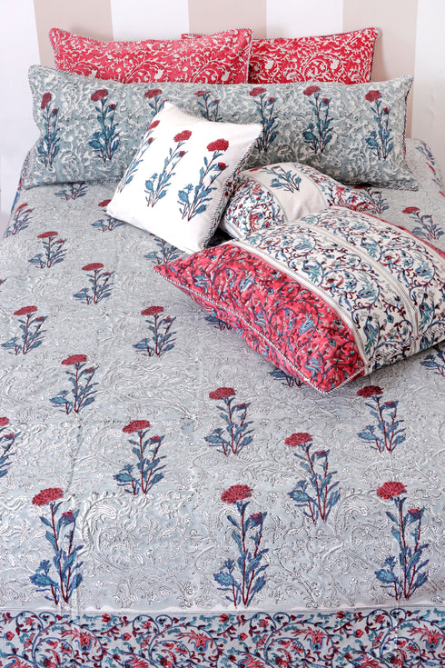 20’s Cotton Bed Cover In Floral Block Print