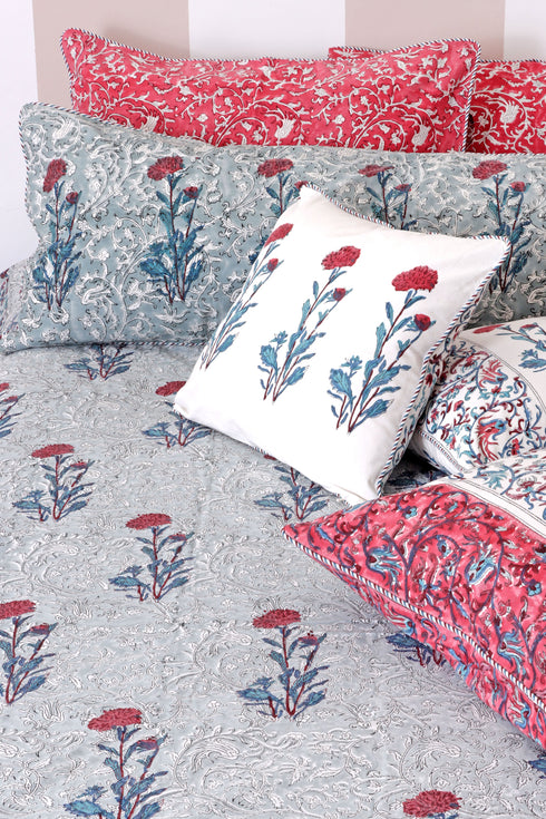 20’s Cotton Bed Cover In Floral Block Print