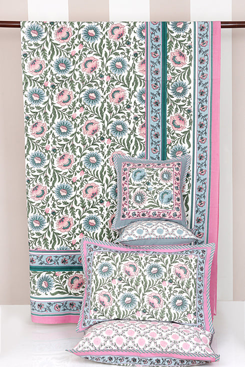 20s Cotton Bed Cover in Floral Block Print