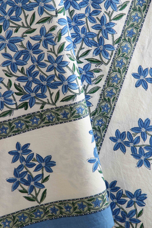20s Cotton KING SIZE Bedspread With Floral Block Print in Blue on White Base