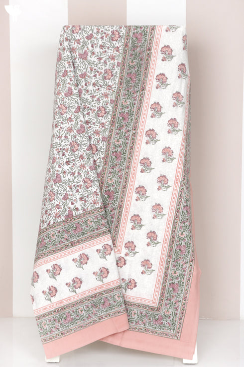 20s Cotton KING SIZE Bed Cover In Floral Block Print Soft White Peach