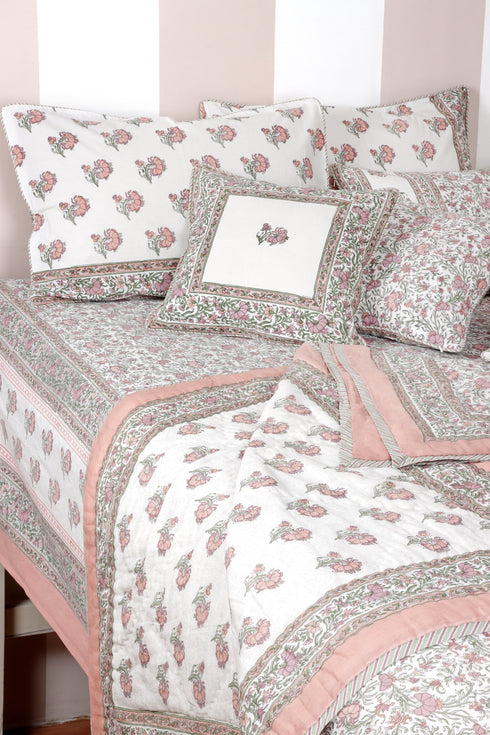 20s Cotton KING SIZE Bed Cover In Floral Block Print Soft White Peach