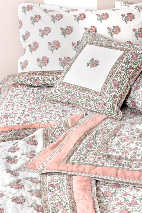 20s Cotton KING SIZE Bed Cover In Floral Block Print Soft White Peach