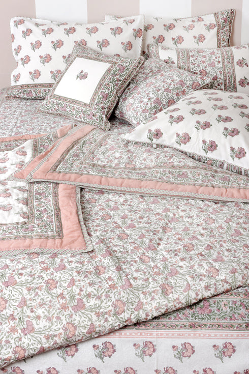 20s Cotton KING SIZE Bed Cover In Floral Block Print Soft White Peach
