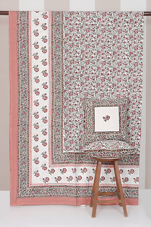 20s Cotton KING SIZE Bed Cover In Floral Block Print Soft White Peach