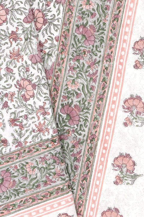 20s Cotton Bed Cover In Floral Block Print Soft White Peach