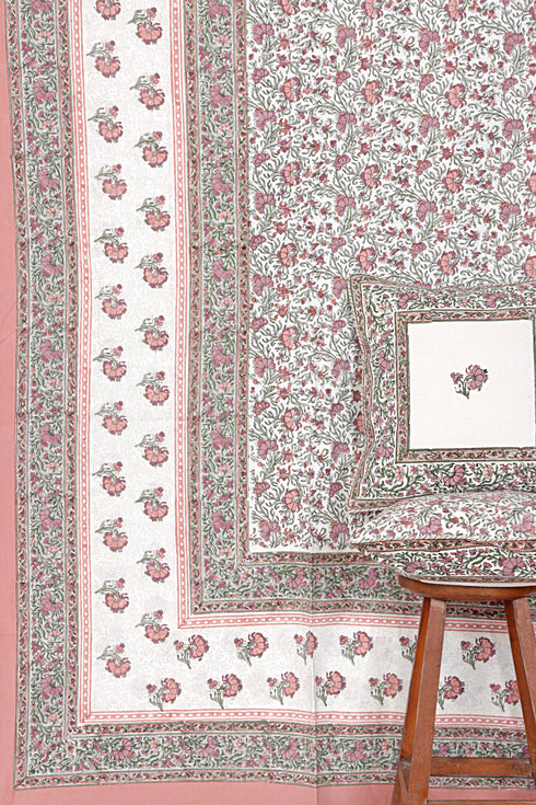 20s Cotton Bed Cover In Floral Block Print Soft White Peach
