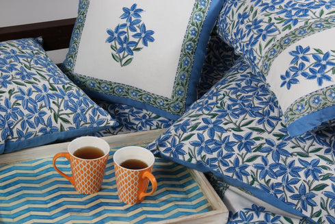 40s Cotton Pillow Cover in Blue Floral Block Print