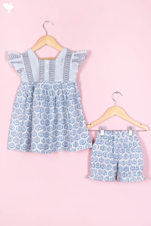 Cotton Frock & Shorts Set In Block Print