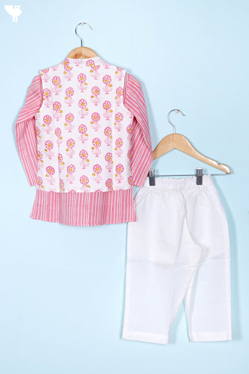 Cotton Boys Kurta Pajama Set With Vest In Block Print