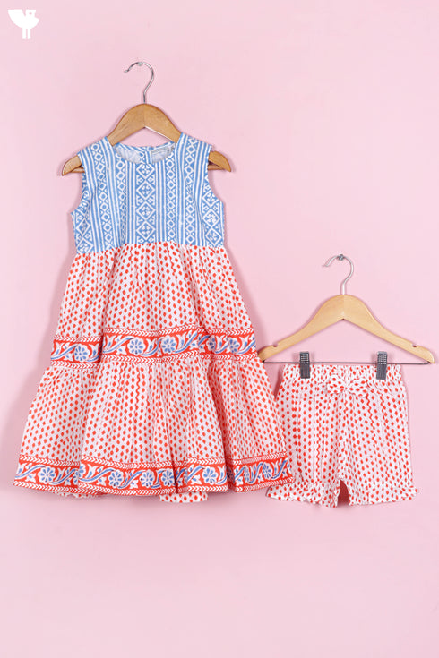 Cotton Frock & Shorts Set In Block Print