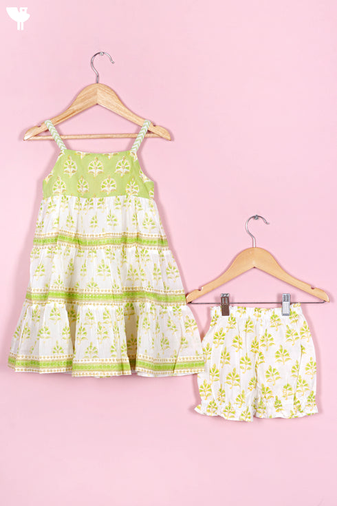 Cotton Frock & Shorts Set In Block Print