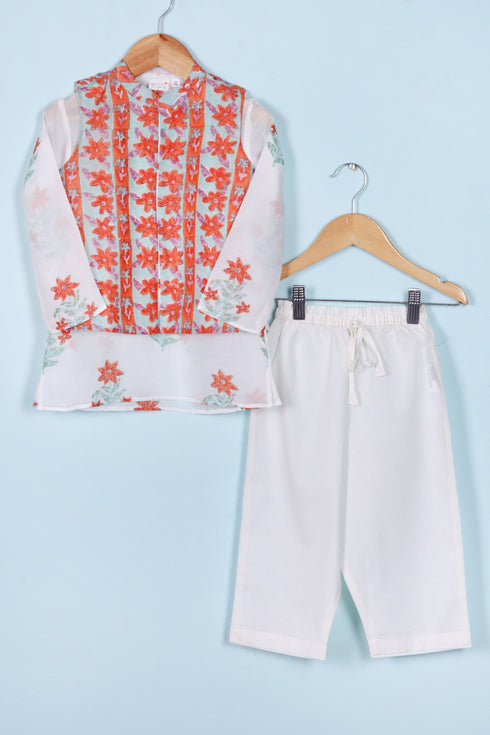 Modal Boys Kurta Pajama Set With Vest In Block Print