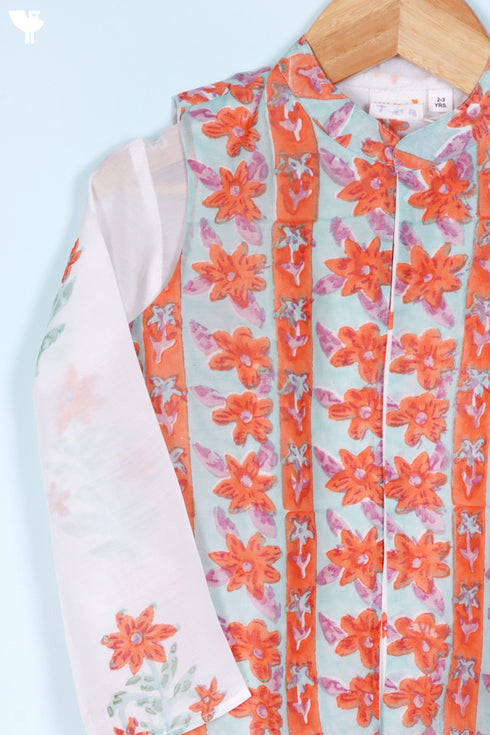 Modal Boys Kurta Pajama Set With Vest In Block Print