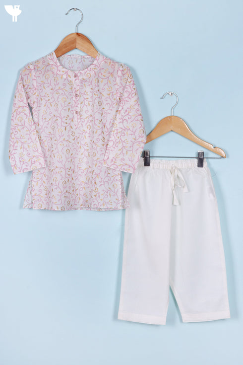 Cotton Boys Kurta Pajama Set With Vest In Block Print