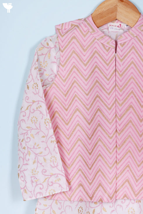 Cotton Boys Kurta Pajama Set With Vest In Block Print