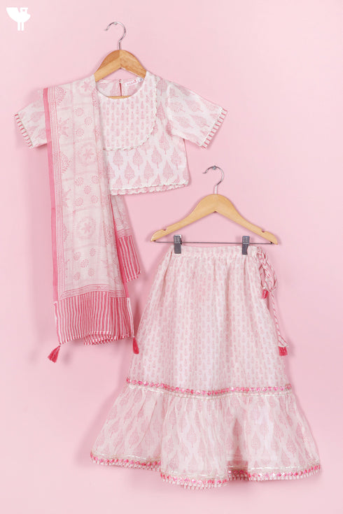 Chanderi Silk Lehenga Set In Floral Block Print