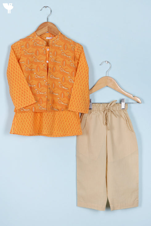 Cambric Cotton Orange Kurta Pajama Set With Vest