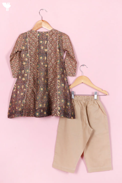 Chanderi Silk Girl’s Kurta and Pant Set In Block Print