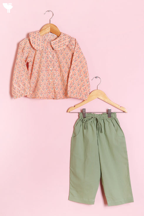Cambric Cotton Peach–Sage Co-Ord Set with Jacket In Block Print