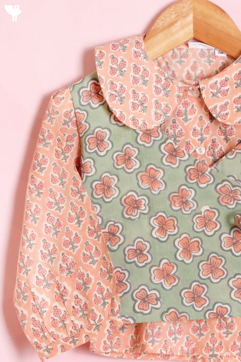 Cambric Cotton Peach–Sage Co-Ord Set with Jacket In Block Print