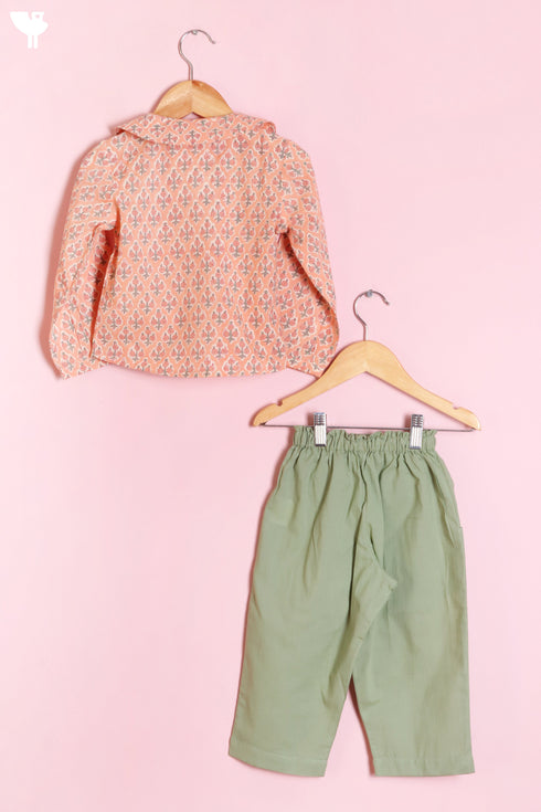 Cambric Cotton Peach–Sage Co-Ord Set with Jacket In Block Print