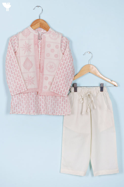 Cambric Cotton Soft Pink Kurta Pajama Set With Vest