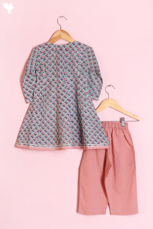 Cambric Cotton Mint Floral Kurta and Peach Pant Set In Block Print