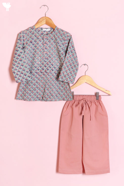 Cambric Cotton Sage–Peach Boys Kurta and Pant Set In Block Print