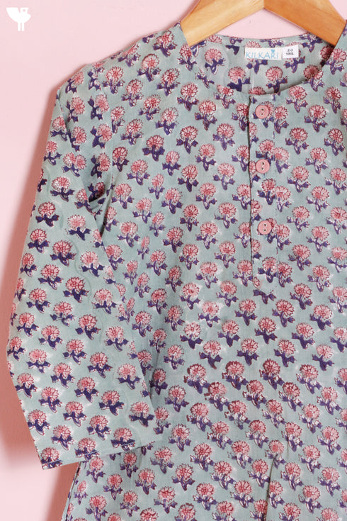 Cambric Cotton Sage–Peach Boys Kurta and Pant Set In Block Print