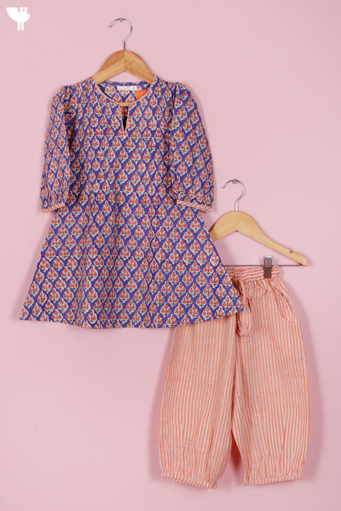 Cambric Cotton Royal Blue Peach Girls Kurta and Pant Set