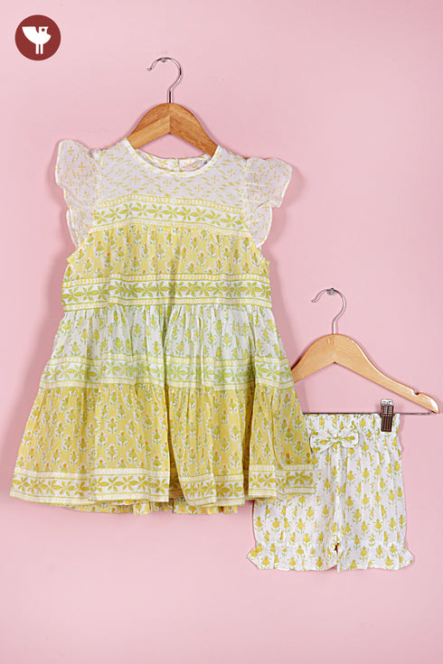 Mul Mul Cotton Girls Dress & Short Set in Floral Block Print