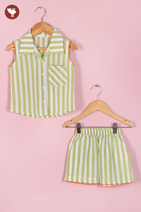 Cambric Cotton Girls Top & Short Set in Stripe Block Print