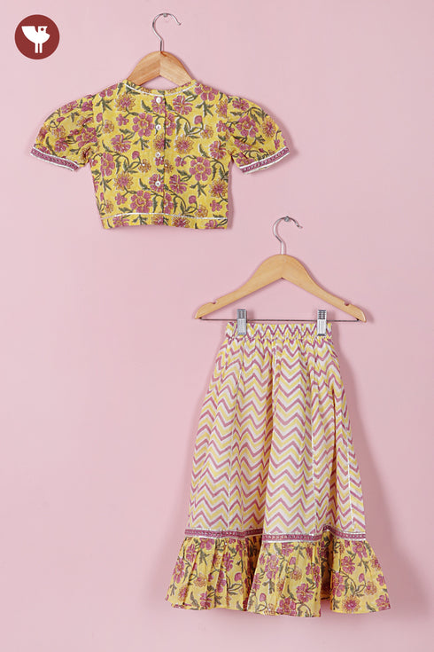 Mul Mul Cotton Lehenga Set in Floral Block Print