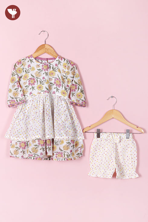 Mul Mul Cotton White Girls Top & Short Set in Floral Block Print