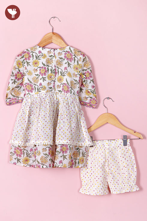 Mul Mul Cotton White Girls Top & Short Set in Floral Block Print