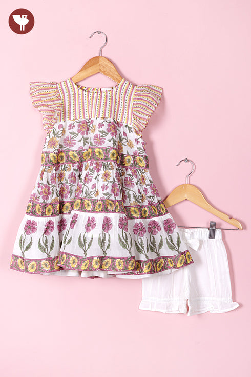 Mul Mul Cotton White Girls Top & Short Set in Floral Block Print